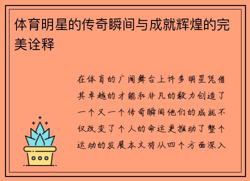体育明星的传奇瞬间与成就辉煌的完美诠释